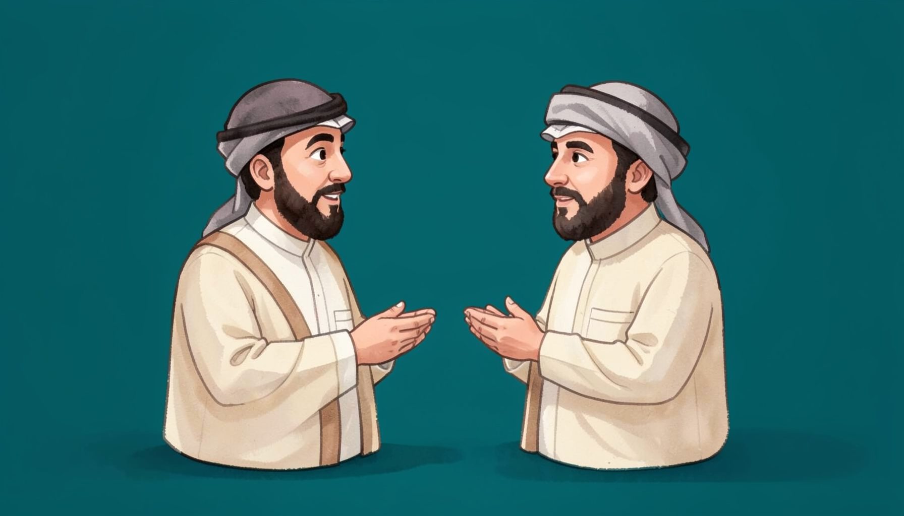 رسم كاريكاتيري بألوان مائية خافتة يغلب عليها البني والبيج، يصور حواراً بين شخصيتين كرتونيتين في بيئة محلية سعودية