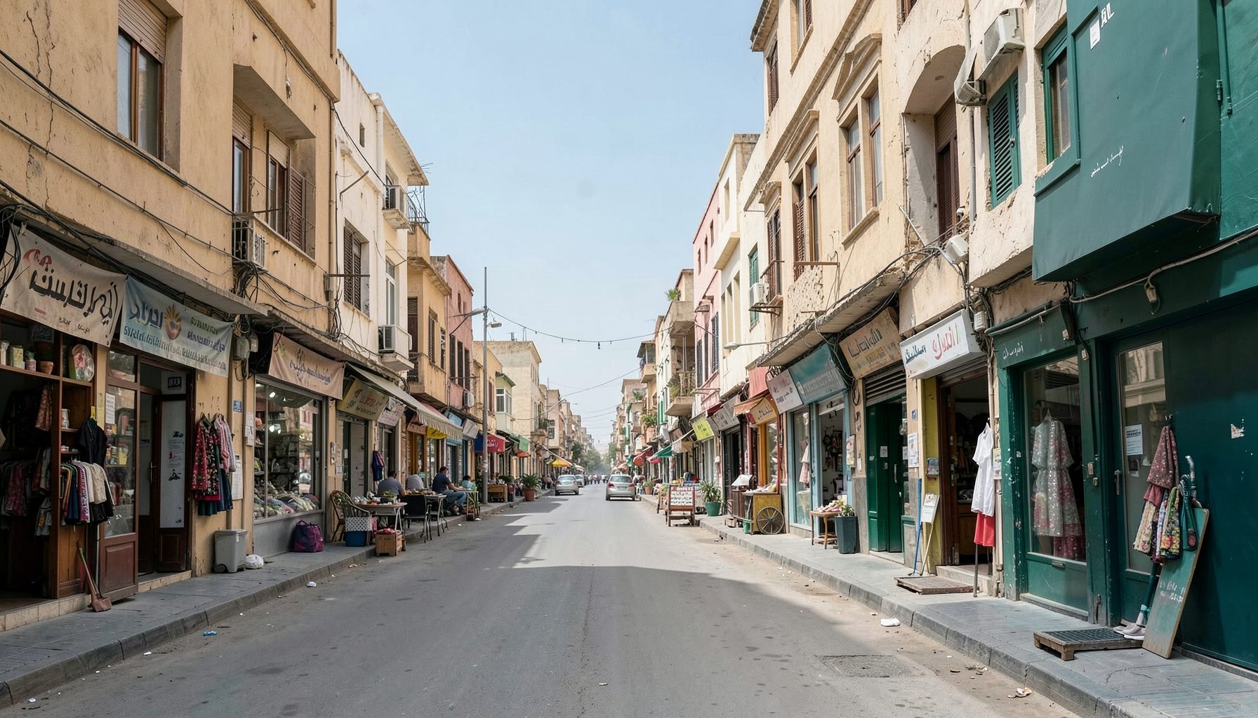 مشهد من شارع رئيسي في مدينة عربية نهاراً، واجهات متاجر متواضعة ومبانٍ بلون البيج الرملي تحت ضوء شمس ساطع