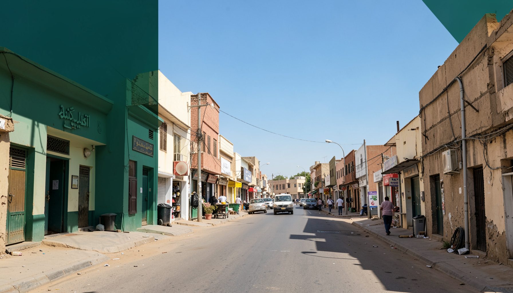 لقطة من تقرير مصور يظهر مشهداً من شوارع منطقة ساجر نهاراً تحت ضوء الشمس الساطع، بألوان ترابية دافئة وسماء زرقاء صافية